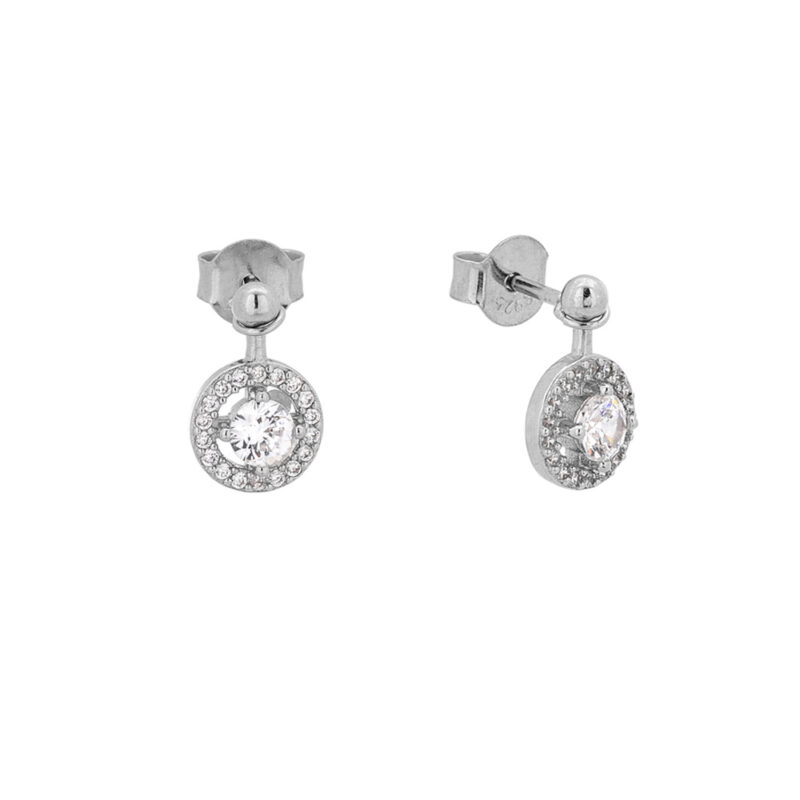 Καρφωτά σκουλαρίκια ροζέτες με λευκές πέτρες ζιργκόν από επιπλατινωμένο ασήμι 925.