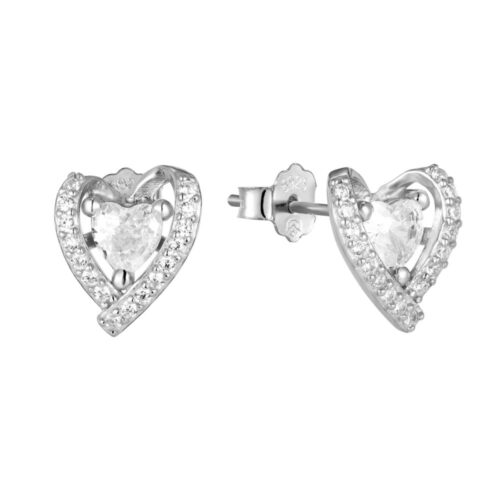 Καρφωτά σκουλαρίκια καρδιές με λευκές πέτρες ζιργκόν από επιχρυσωμένο ασήμι 925.