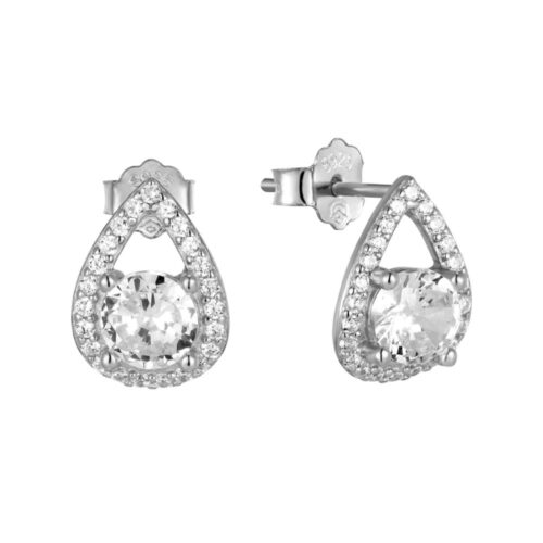 Καρφωτά σκουλαρίκια ροζέτες σε σχήμα δάκρυ με λευκές πέτρες ζιργκόν από επιπλατινωμένο ασήμι 925.