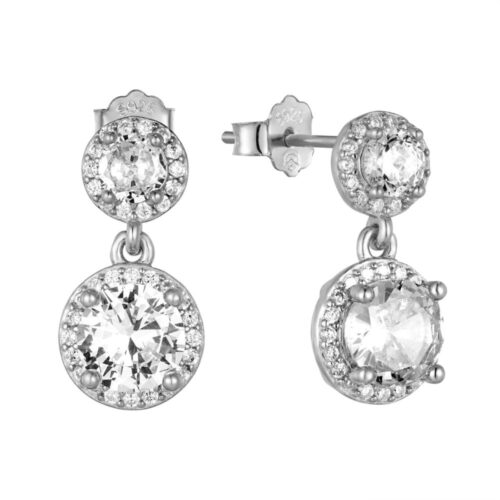 Καρφωτά σκουλαρίκια με στρόγγυλες κρεμαστές ροζέτες με λευκές πέτρες από επιπλατινωμένο ασήμι 925.