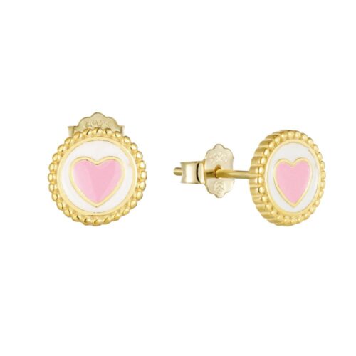 Καρφωτά σκουλαρίκια καρδιές με λευκό και ρόζ σμάλτο από επιχρυσωμένο ασήμι 925.