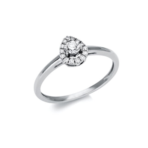 Μονόπετρο δαχτυλίδι από λευκό χρυσό 18 καρατίων με ένα κεντρικό διαμάντι σε brilliant κοπή και μικρότερα διαμάντι περιμετρικά.